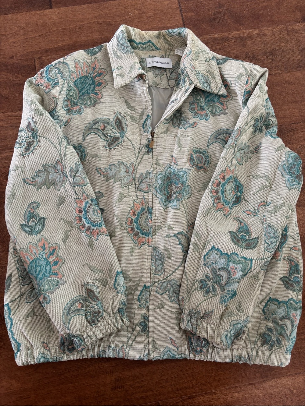 Alfred Dunner Cream Floral Bomber Jacket with Teal & Coral Accents